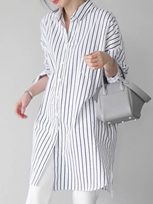Urban Loose Solid Color Striped Lapel Blouse Top - Image 2