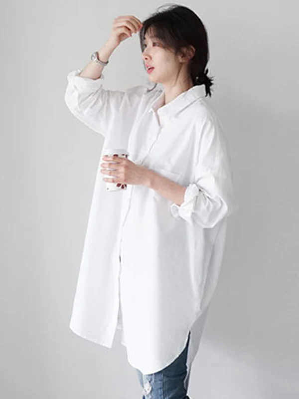 Urban Loose Solid Color Striped Lapel Blouse Top - Image 4