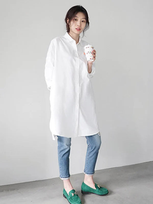 Urban Loose Solid Color Striped Lapel Blouse Top - Image 5