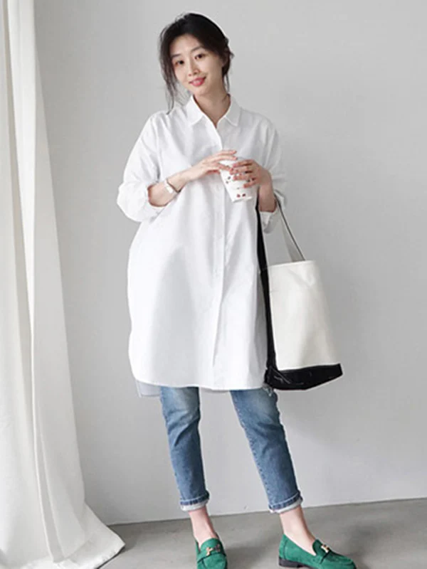 Urban Loose Solid Color Striped Lapel Blouse Top - Image 6