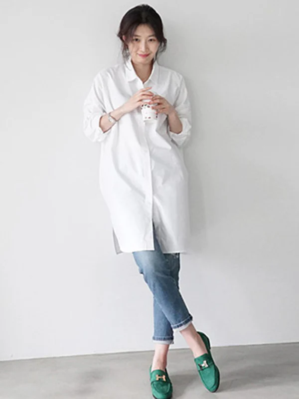 Urban Loose Solid Color Striped Lapel Blouse Top - Image 8