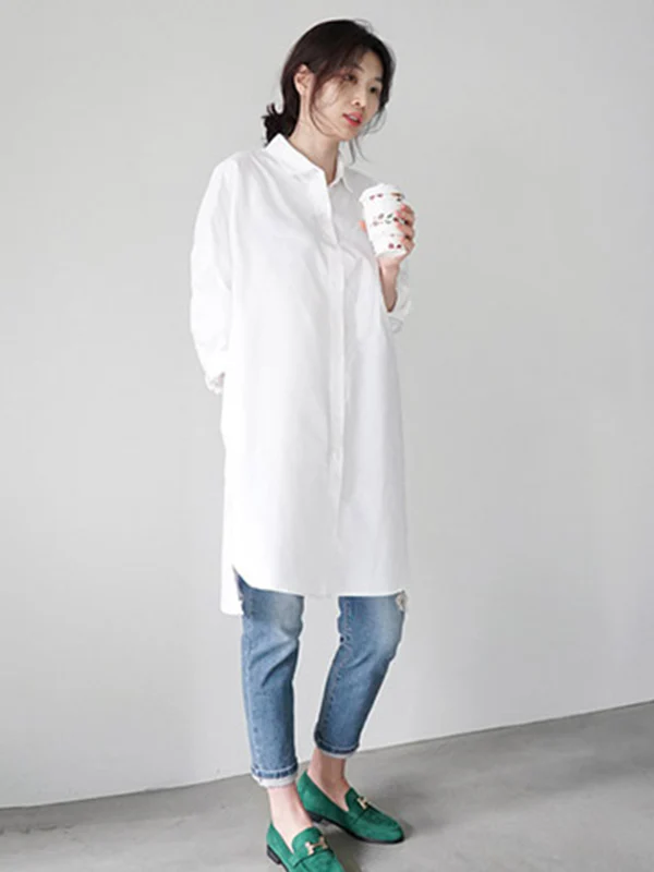 Urban Loose Solid Color Striped Lapel Blouse Top - Image 9